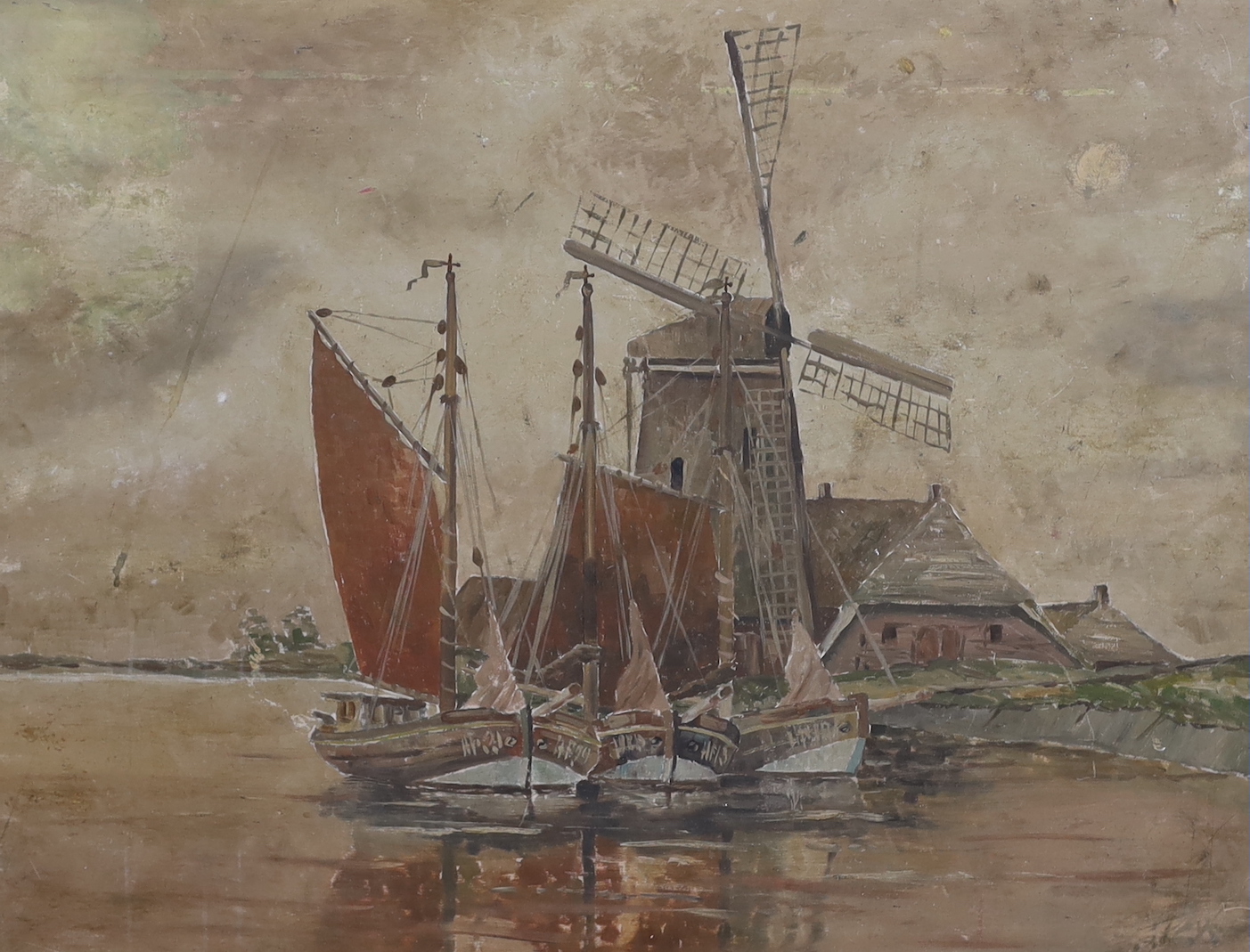 English School c.1900, oil on card, Estuary scene with moored boats and windmill, indistinctly signed, 59 x 78cm